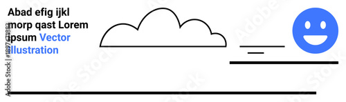 Communication, positivity, minimalism, branding, abstract art, cloud computing. Minimalistic design a cloud, flowing lines and a happy face in blue. Communication and positivity concept