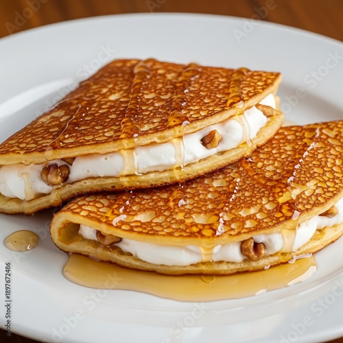 Delicious stuffed pancakes with syrup on plate.