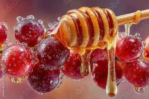 A close-up of red grapes glistening with honey drips from a wooden dipper against a soft gradient background.