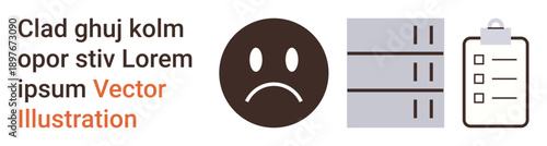 Technology issues, productivity, task organization, system errors, data management, workflow. Sad face emotion next to servers and checklist icon. Technology issues and productivity