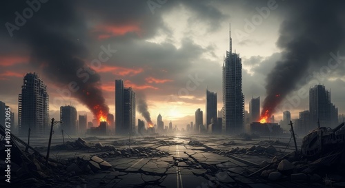 Apocalyptic Cityscape with Burning Buildings and Dark Sky.