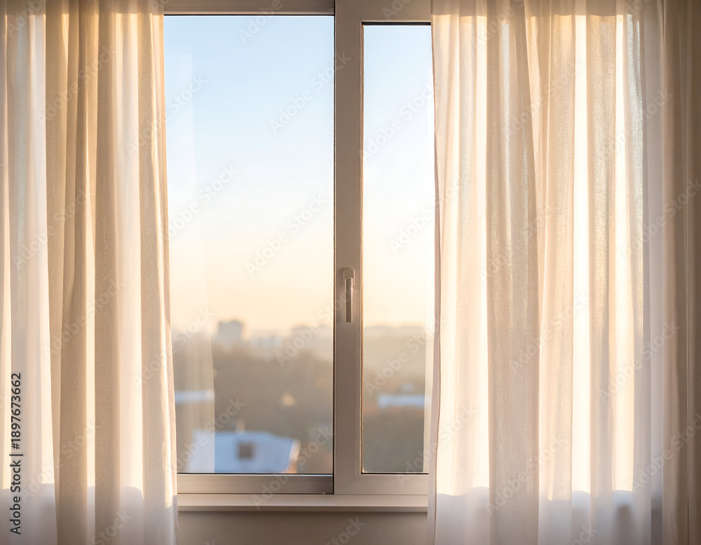 Fototapeta premium Bright morning light streaming through sheer white curtains in a tranquil room setting, evoking warmth and peace.
