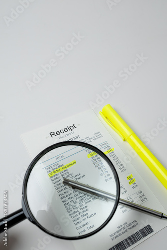 Quadro em tela Receipt with highlighted prices examined using a magnifying glass and pen