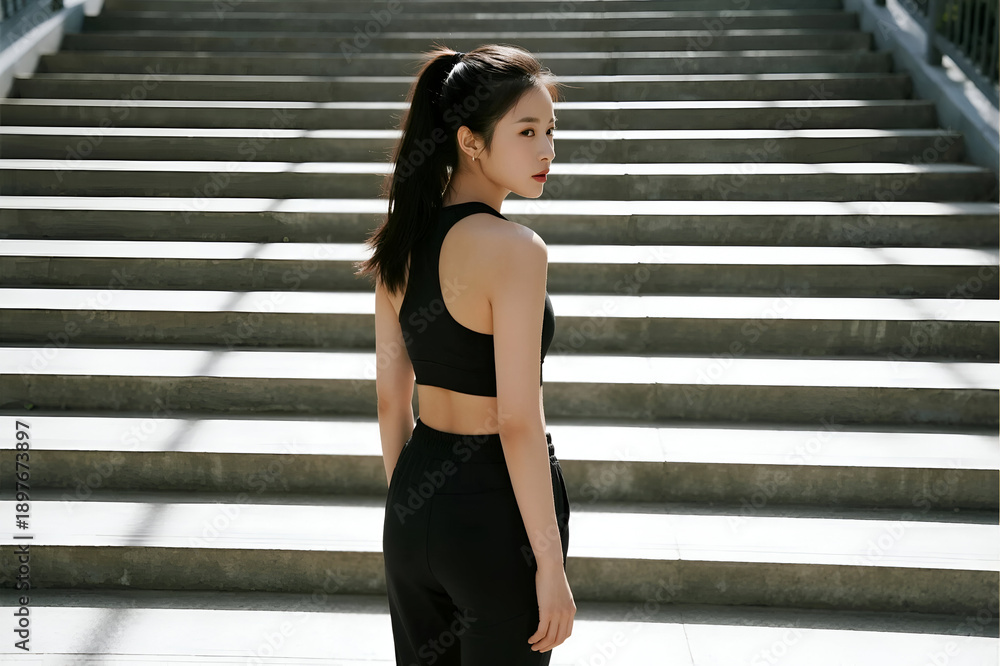 Obraz premium A stylish young woman in athletic wear stands on stairs, confidence and modern lifestyle trends. Ideal for fitness and fashion themes.