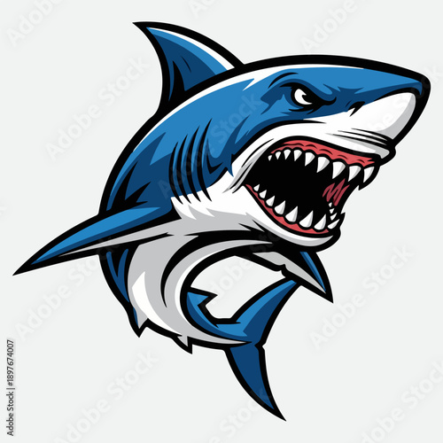 Fierce Blue Shark Mascot with Open Jaws
