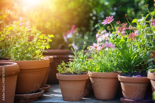 Flowers grow in pots under sunshine in a garden during spring and summer seasons with various plants and blooms