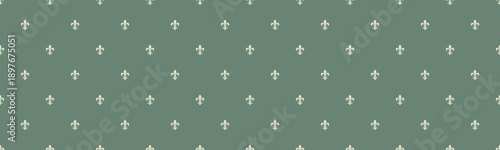 Elegant sage green background with a repeating pattern of subtle offwhite fleurdelis.