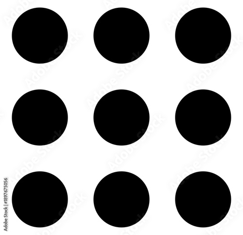 A minimalist 3x3 grid of nine solid black circles on a white background. This clean geometric layout represents order and modularity, perfect for modern UI design, branding, and patterns.