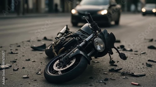 Wrecked Motorcycle on Urban Street: The aftermath of an accident unfolds, a motorcycle lies crumpled on the asphalt, surrounded by debris, with vehicles in motion in the background.