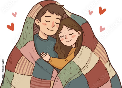 Illustration of a tender couple embracing under a colorful patchwork quilt with floating hearts around them on Valentine's Day.