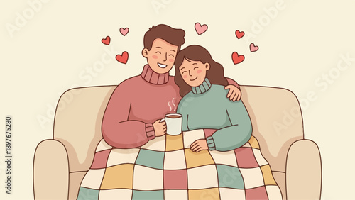Illustration of a young couple sitting on a couch, wrapped in a colorful blanket, with hearts floating around them on Valentine's Day, conveying love and warmth in a cozy setting.