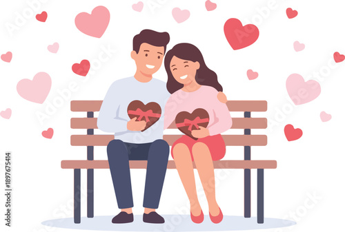 Illustration of a smiling couple sitting on a bench with heart gifts on Valentine's Day with floating hearts around them in a romantic setting.