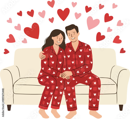 Illustration of a loving couple in matching red heart-patterned pajamas sitting on a beige couch with floating hearts around them on Valentine's Day.