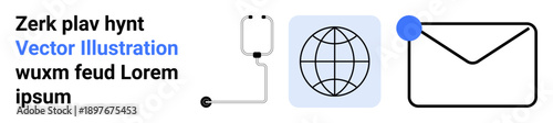 Communication, healthcare, networking, technology, global outreach, digital messaging. Stethoscope, globe and envelope on a white background. Communication and healthcare concept
