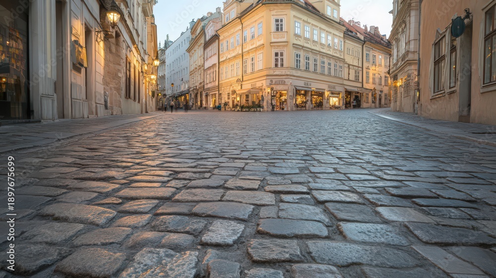 Fototapeta premium Classic Town Square with Cobblestone Paths and Historic Architecture in the Evening Light