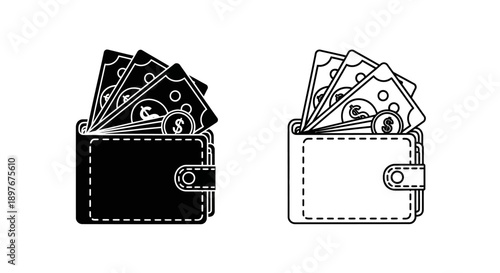 Wallet icon with money and coins, finance, cash, payment, simple vector