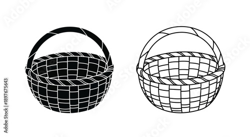 Wicker Basket Icon Set: Black Silhouette and Outline Illustration