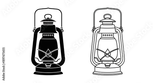 Vintage Lantern Icon Set: Black Silhouette and Outline Illustration