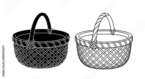 Round Wicker Basket Icon: Black Silhouette and Outline