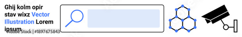 Research analysis, cybersecurity, technology innovation, surveillance, digital security, data protection. Search bar, hexagonal molecular structure and surveillance camera icons. Research analysis