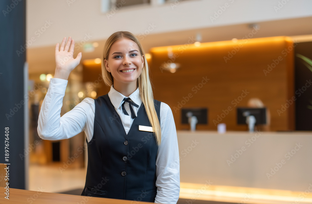 custom made wallpaper toronto digitalSmiling hotel receptionist in uniform waving hand while standing at front desk in bright modern hospitality lobby