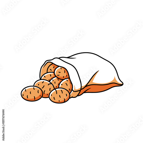 An open white cloth bag of potatoes lies on its side. Potatoes fall out of it. Vector illustration.