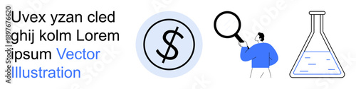 Business analysis, finance, research, scientific developments, economic strategies, data examination. Circular dollar symbol, magnifying glass figure laboratory flask. Business analysis and finance