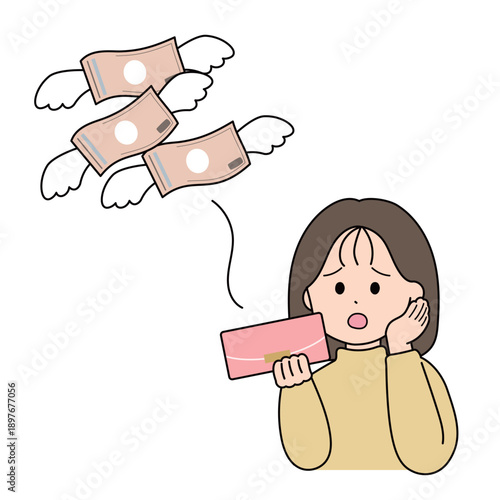金欠の女性｜お札が財布から飛び立つイラスト