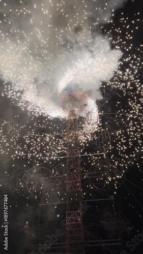 Spinning fireworks pyrotechnics, extreme fire show