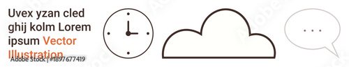 Time management, cloud storage, digital communication, scheduling, data sharing, collaborative platforms. Clock, cloud and speech bubble icons. Time management and cloud storage