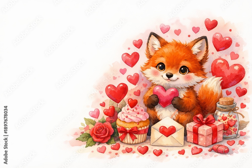 Fototapeta premium Cute watercolor fox surrounded by heart-themed elements like cupcakes, gifts, and love letters for valentine's day celebration. concept of adorable animal art, love theme., copy space