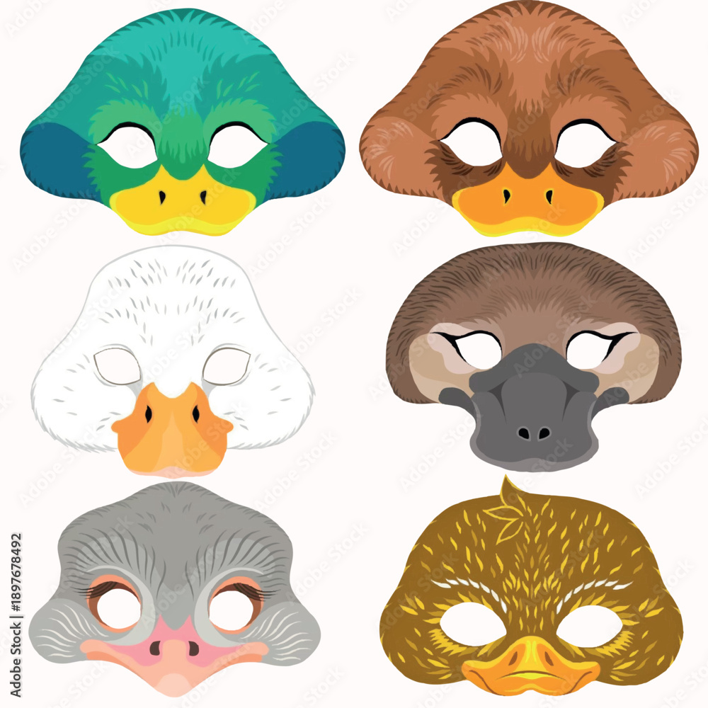 Fototapeta premium Duck and Bird Animal Masks Set - Printable Paper Masks for Kids Party and DIY Crafts