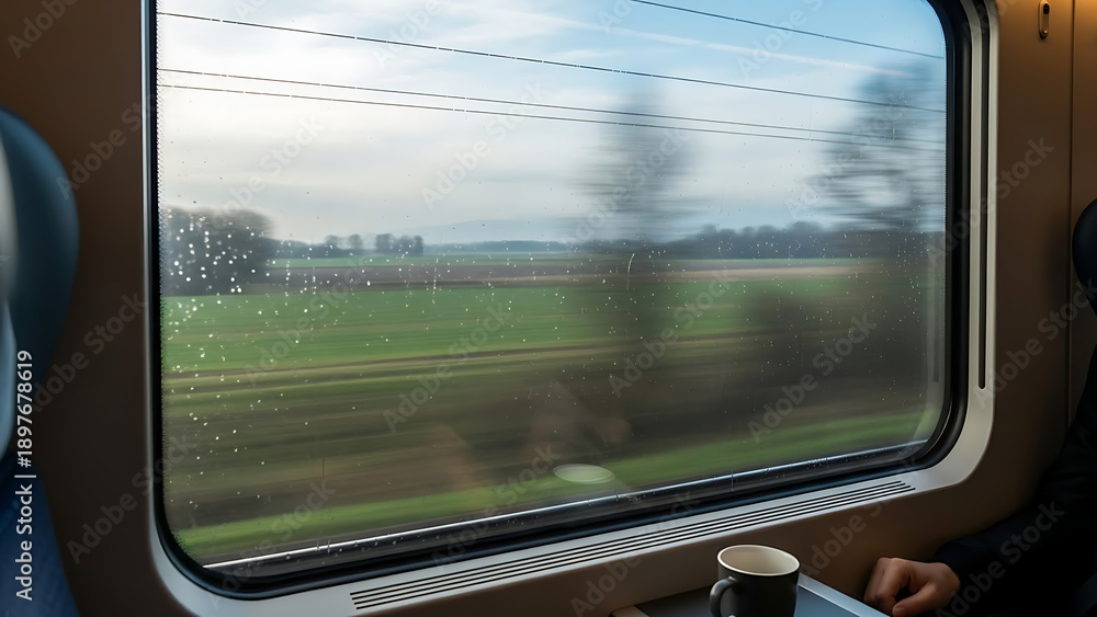 Fototapeta premium Person holding coffee cup on a moving train with rainy window view