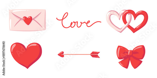 Love symbols set with hearts, arrow, bow and lettering in red and soft pink colors. Cartoon vector illustrations collection.
