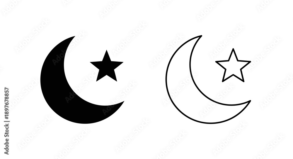 Obraz premium Islamic Crescent Moon and Star Icon. Flat Black and Outline Vector for Ramadan Symbol.