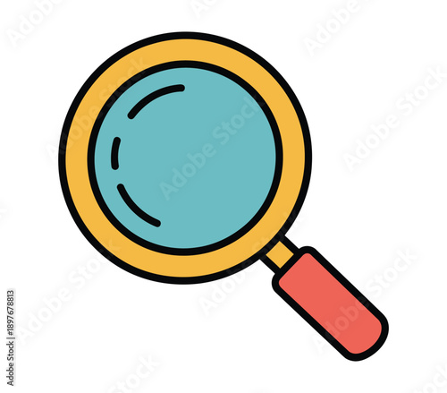 A colorful cartoon magnifying glass with a yellow frame and red handle on a white background