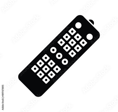 A sleek black remote control with white buttons on a plain white background