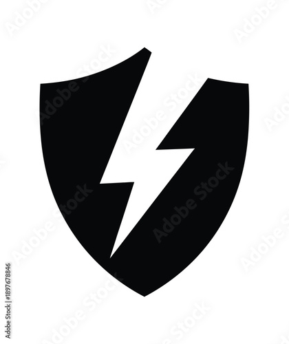 A black shield with a white lightning bolt on a plain white background, symbolizing protection and energy.