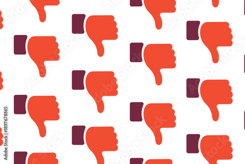 A pattern of red thumbs down icons on a white background with purple squares