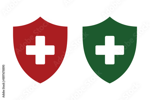 A red and green shield with a white cross on each, symbolizing protection and safety.
