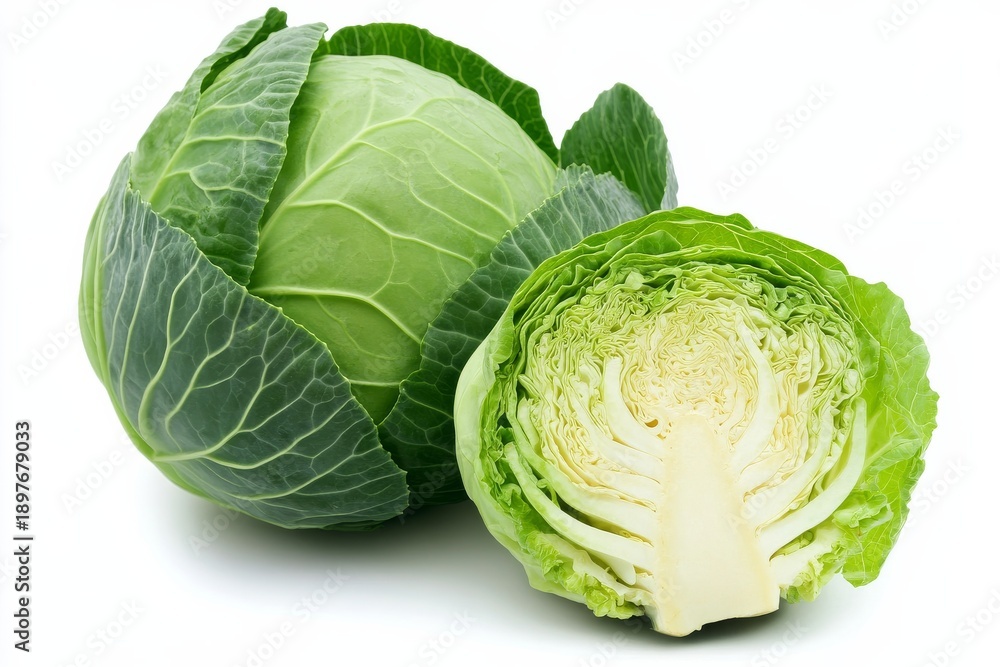 Fototapeta premium Whole green cabbage with a freshly cut half showing layered leaves against a white background for food presentation