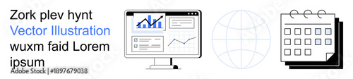 Business planning, global reach, data presentation, scheduling, productivity, analysis. Graphic of a monitor showing analytics, a globe and a calendar. Business planning and global reach concepts