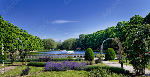 Slika na platnu Symmetrical garden design in Cologne's Bluecherpark featuring a pond, fountains, and lavender blooms under a blue sky