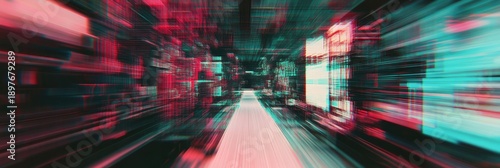 A blurry image of a city street with neon lights