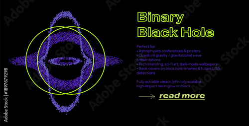 Vibrant neon vector of binary black hole with purple dotted orbital fusion, glowing green rings, and cosmic eye-like shape on black background. Quantum gravity and astrophysics themes.