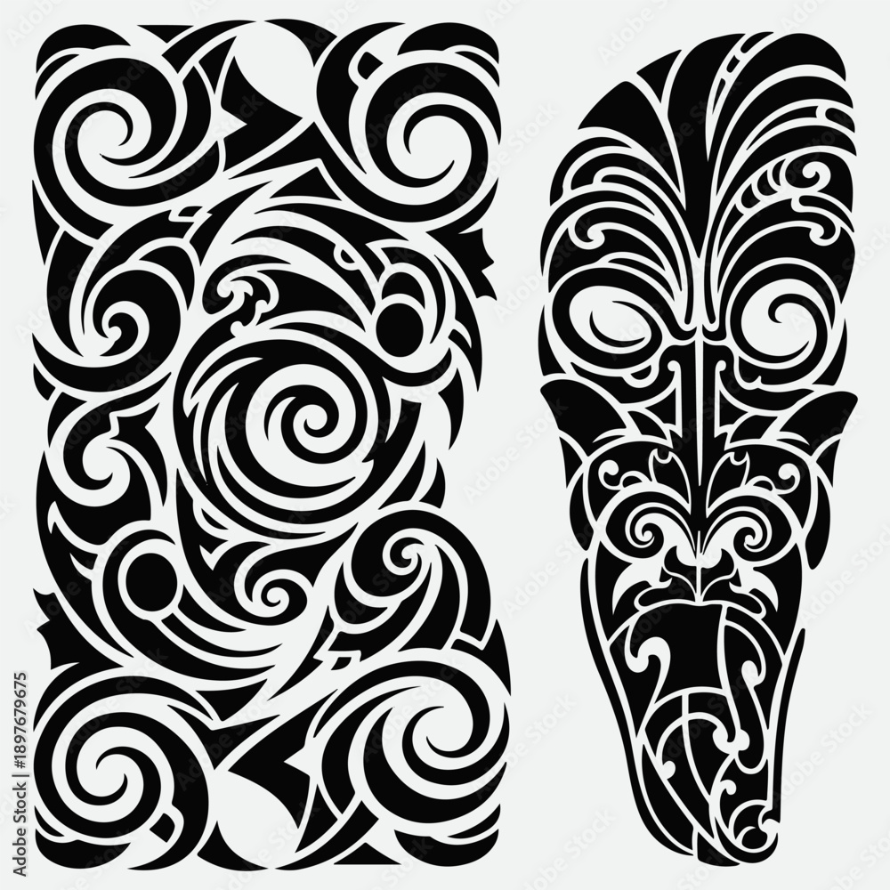 Fototapeta premium Polynesian Tribal Art Motifs and Mask Design