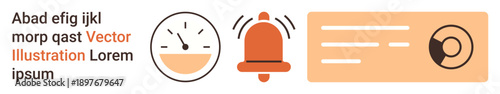 Notifications, alerts, user interface, dashboard design, time management, productivity. Icons include a speedometer and ringing bell with a text card. Notifications and user interface concept