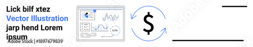 Business analysis, financial data, money circulation, currency exchange, profit tracking, corporate finance. Data dashboard illustration with dollar symbol and arrows. Financial data and money