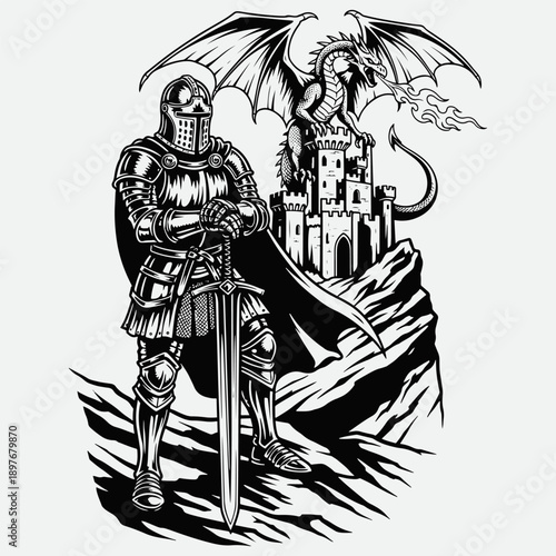 Medieval Knight and Fire-Breathing Dragon at Castle Tattoo Style 