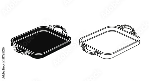 Empty Serving Tray Icon with Ornate Handles for Kitchenware Service Vector Graphic
